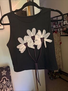 SHEIN Black Ribbed Tank with White Floral Appliqués